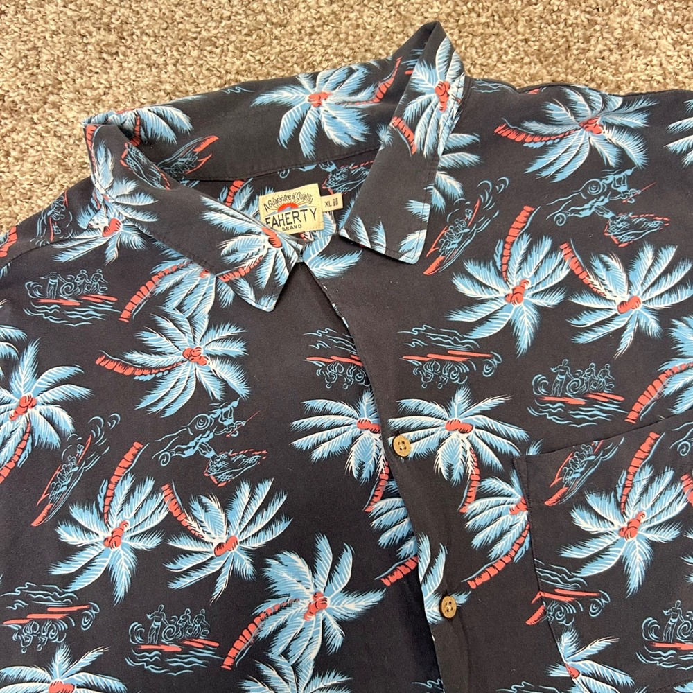 Faherty Brand Hawaiian Camp Shirt Men XL Blue Palm Tree Surf Aloha Button Up
